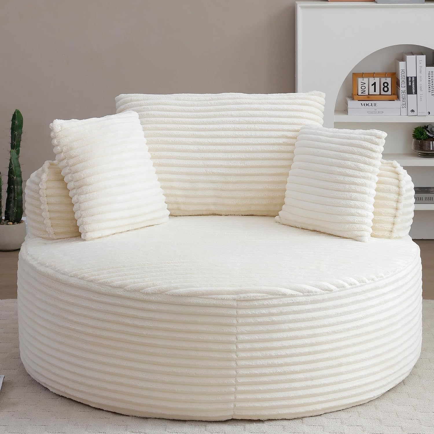 Oversized Round Chair Lounge Chaise Indoor, 53.5' Upholstered Corduroy Deep Seat Single Cloud Sofa Chair, Fluffy Modern Large Circle Boneless Sleeper Sofa for Living Room, Bedroom, Beige White