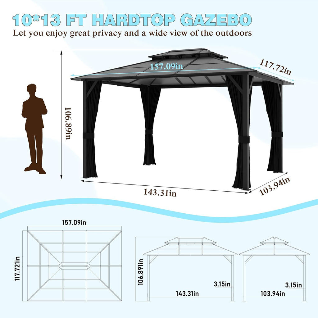 MUPATER Gazebo,10x13 FT Polycarbonate Hardtop Gazebo with Aluminum Frame, Double Roof Patio Gazbeo, Permanent Outdoor Pavilion with Insect-Proof Netting for Patios, Deck, Lawns, Gardens and Pools
