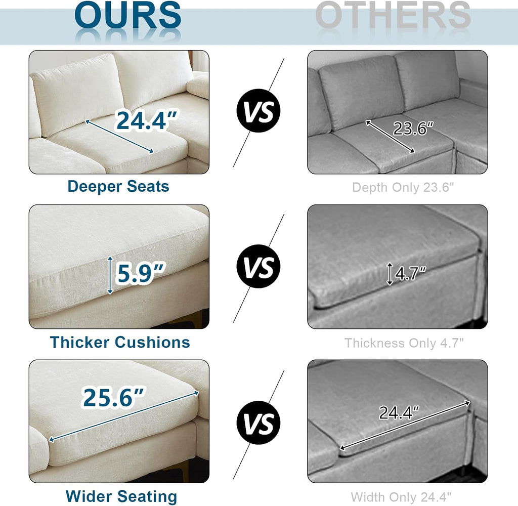 VINGLI 110' Large U-Shape Sectional Sofa Couch with 51' D Double Chaise for Living Room, Modern Sectional Couch Set with Soft 5.9' Thickness Seating Padding, Chenille Fabric,Metal Gold Legs(Beige)