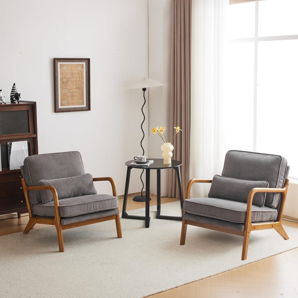 Karl home Mid-Century Modern Accent Chair, Living Room Chairs with Pillow Corduroy Upholstered Lounge Armchair with Solid Wood Frame & Soft Cushion for Bedroom, Reading Room, Gray