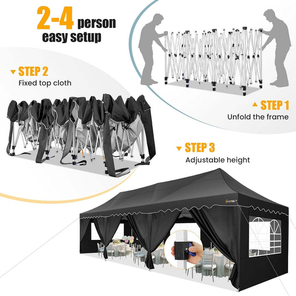 HOTEEL 10x30 Pop Up Canopy with 8 Sidewalls, UV 50+ and Waterproof 10×30 Party Tent, Thickened Frame, Large Space Easy Pop Up Canopy, Outdoor Canopy for Weddings, Beaches, Parties, Patio (Black)