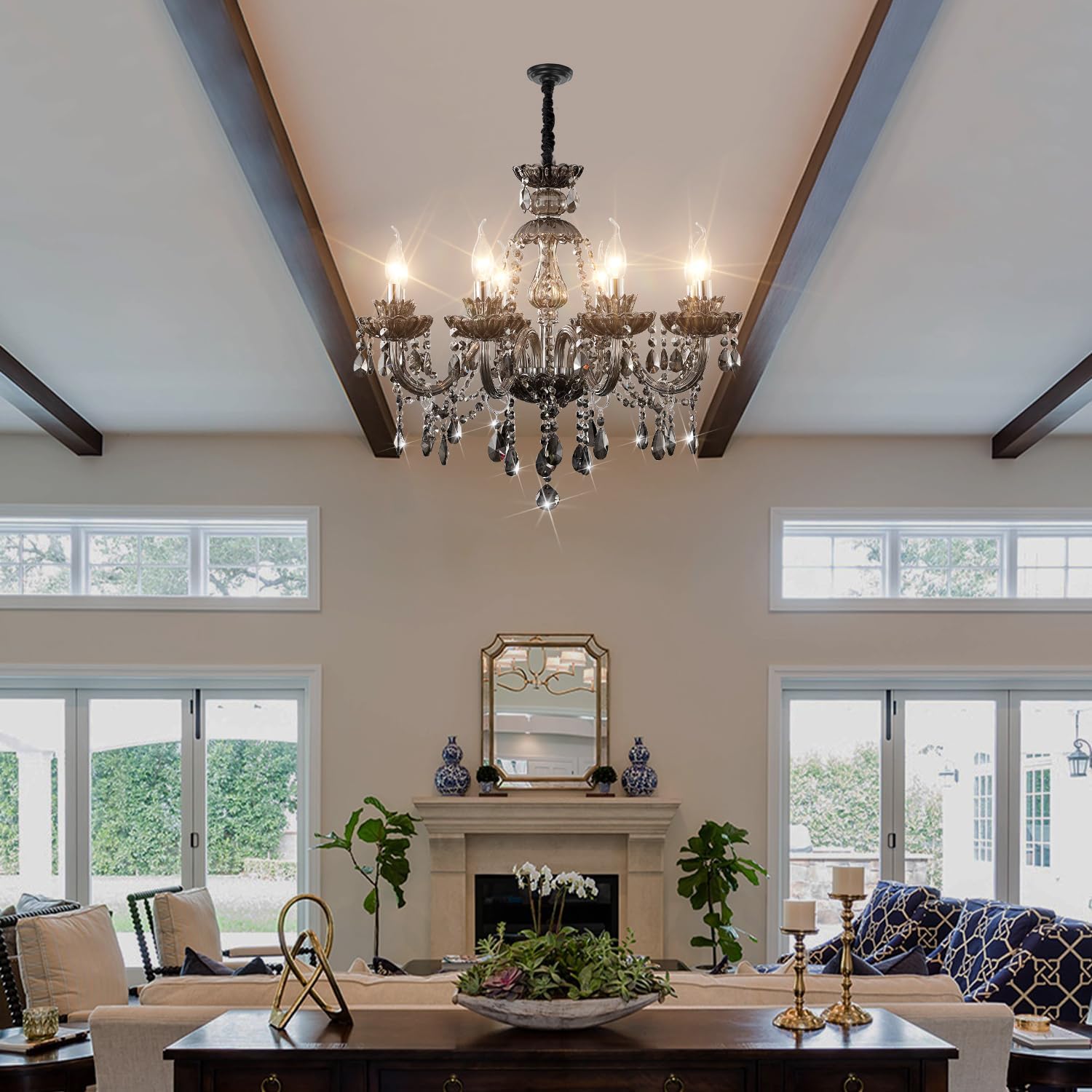 Luxurious Smoky Gray Crystal Chandelier for Living Room, Antique 6-Lights Teardrop Candle Chandelier Pendant Ceiling Lighting Fixture for Kitchen Dinner Party Closet Entryway of CRYSTOP