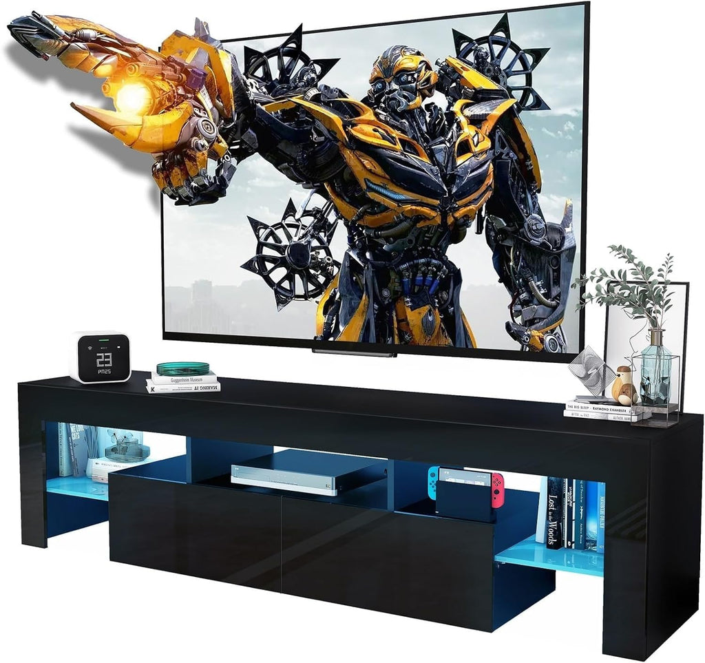 Black TV Stand, 60 65 70 75 inch Wood TV Stand, High Glossy Entertainment Center with Large Drawers＆Glass Display Shelf, LED Modern Media Gaming Cabinet TV Console for Livingroom, Bedroom