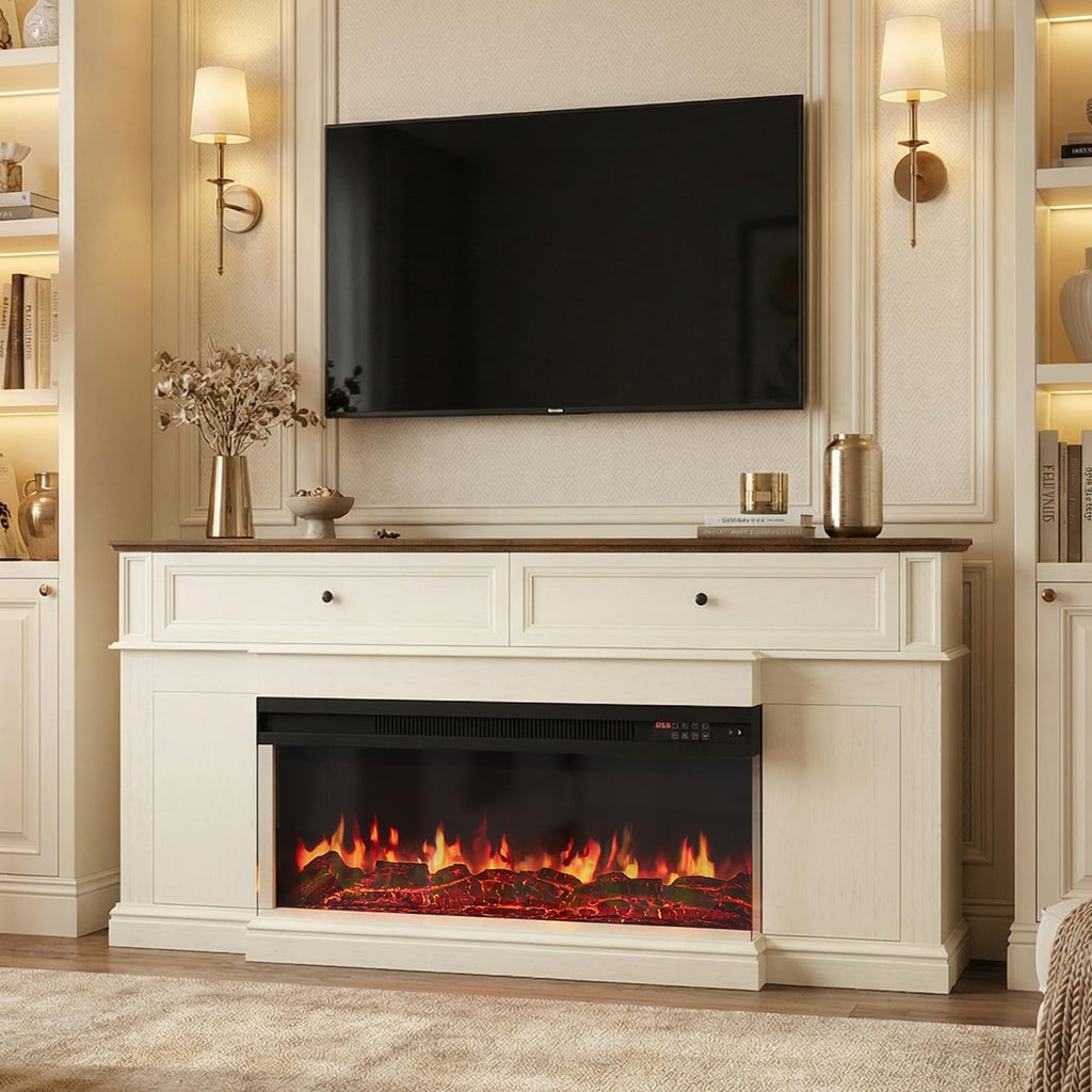 63' Farmhouse TV Stand with Fireplace for TVs up to 70', Media Entertainment Center with Adjustable Shelves, Farmhouse TV Console for Living Room, White & Black