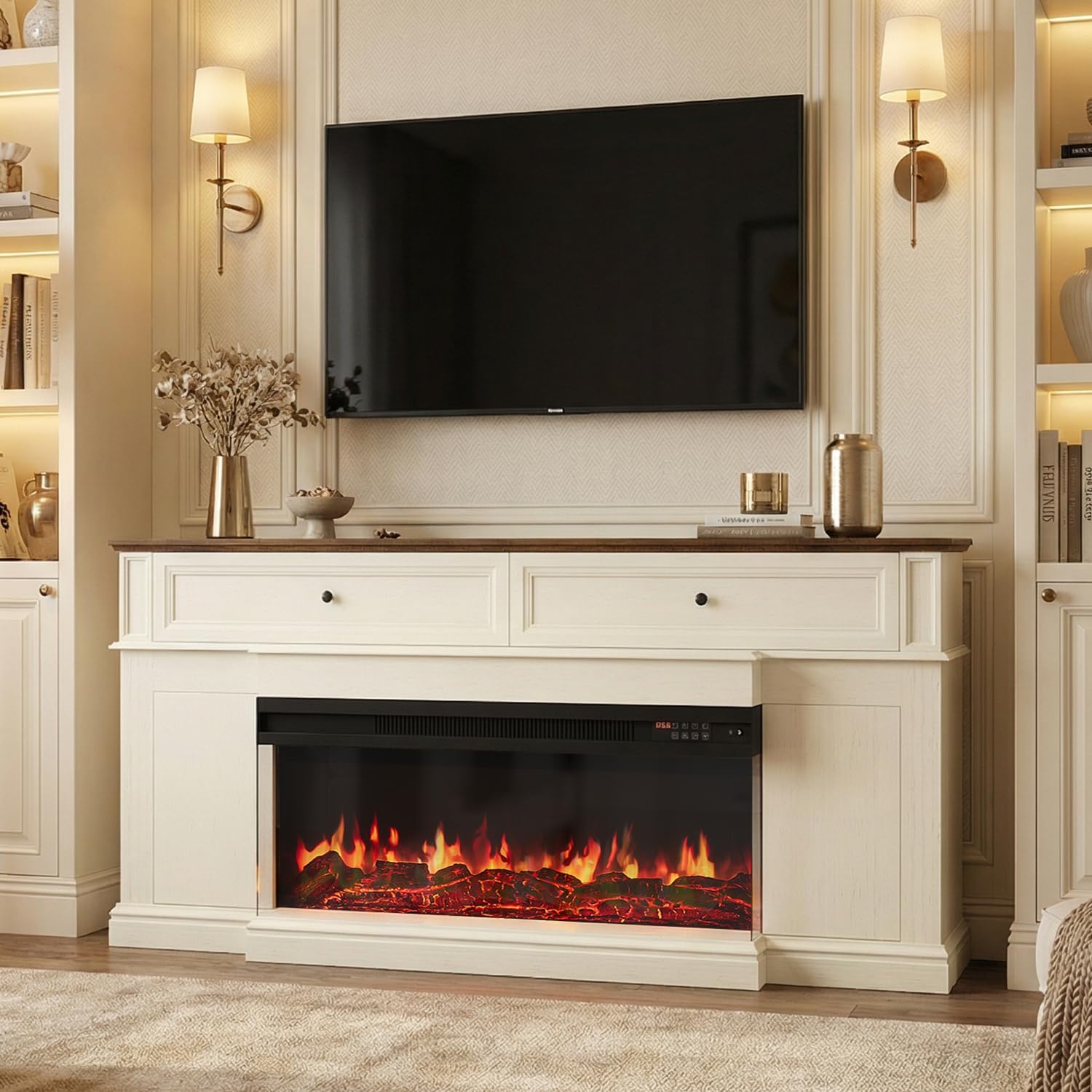 63' Farmhouse TV Stand with Fireplace for TVs up to 70', Media Entertainment Center with Adjustable Shelves, Farmhouse TV Console for Living Room, White & Black