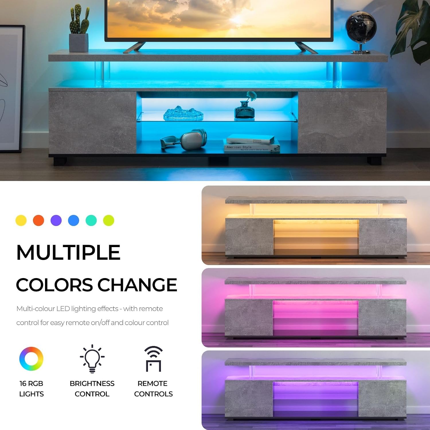 Cubehom Grey TV Stand, LED TV Stand Modern Entertainment Center for Living Room LED Console Table for TV LED TV Cabinet for 65 inch TV