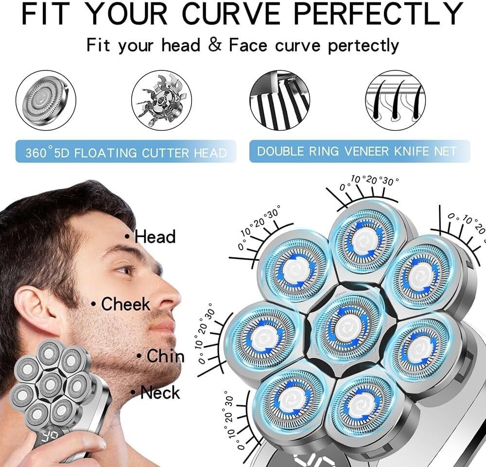 Electric Shavers for Bald Men, 6 in 1 Mens Bald Head Electric Shaver Wet/Dry LED Display, Faster-Charging Cordless Mens Grooming Kit with Nose Hair Trimmer USB