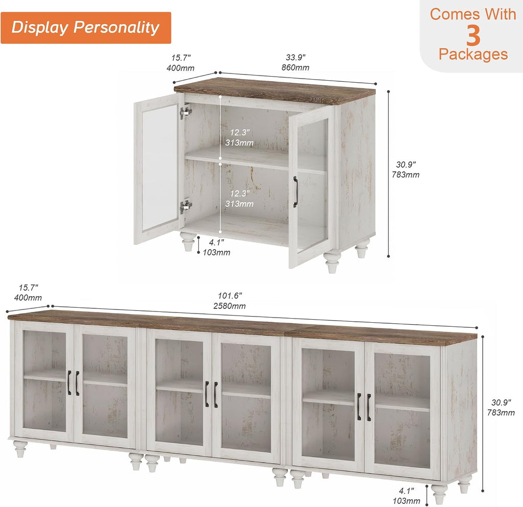 WAMPAT Farmhouse TV Stand for 100 Inch TV, Glass Wooden Universal TV Stand with 3 Storage Cabinets, Entertainment Center for 75/80/85/90 Inch TV, Console Table for Living Room, Bedroom, Rustic White