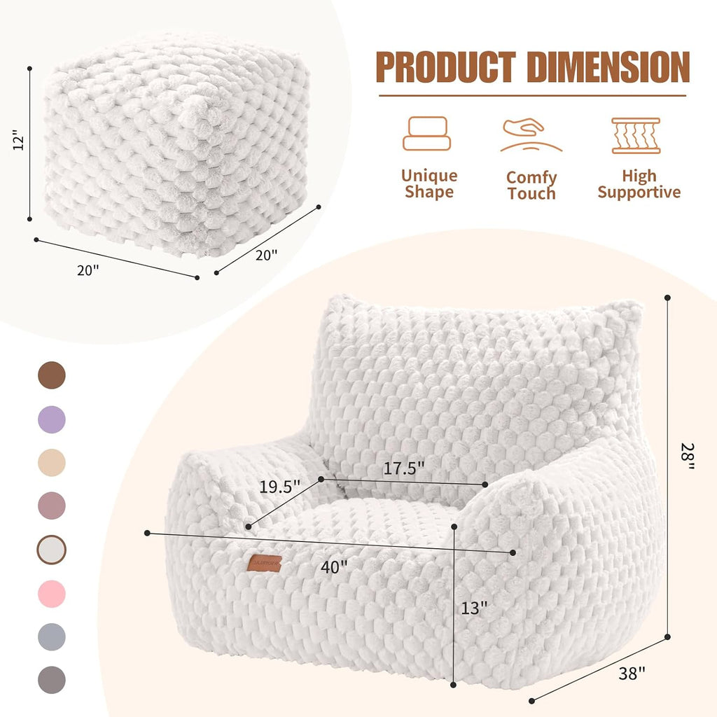 Bean Bag Chair with Ottoman, Modern Giant Bean Bag Couch Sofa with Footstool, Lounge Large Bean Bag Chairs for Adults Teens, Comfy Faux Fur Reading Chair for Bedroom, Living Room