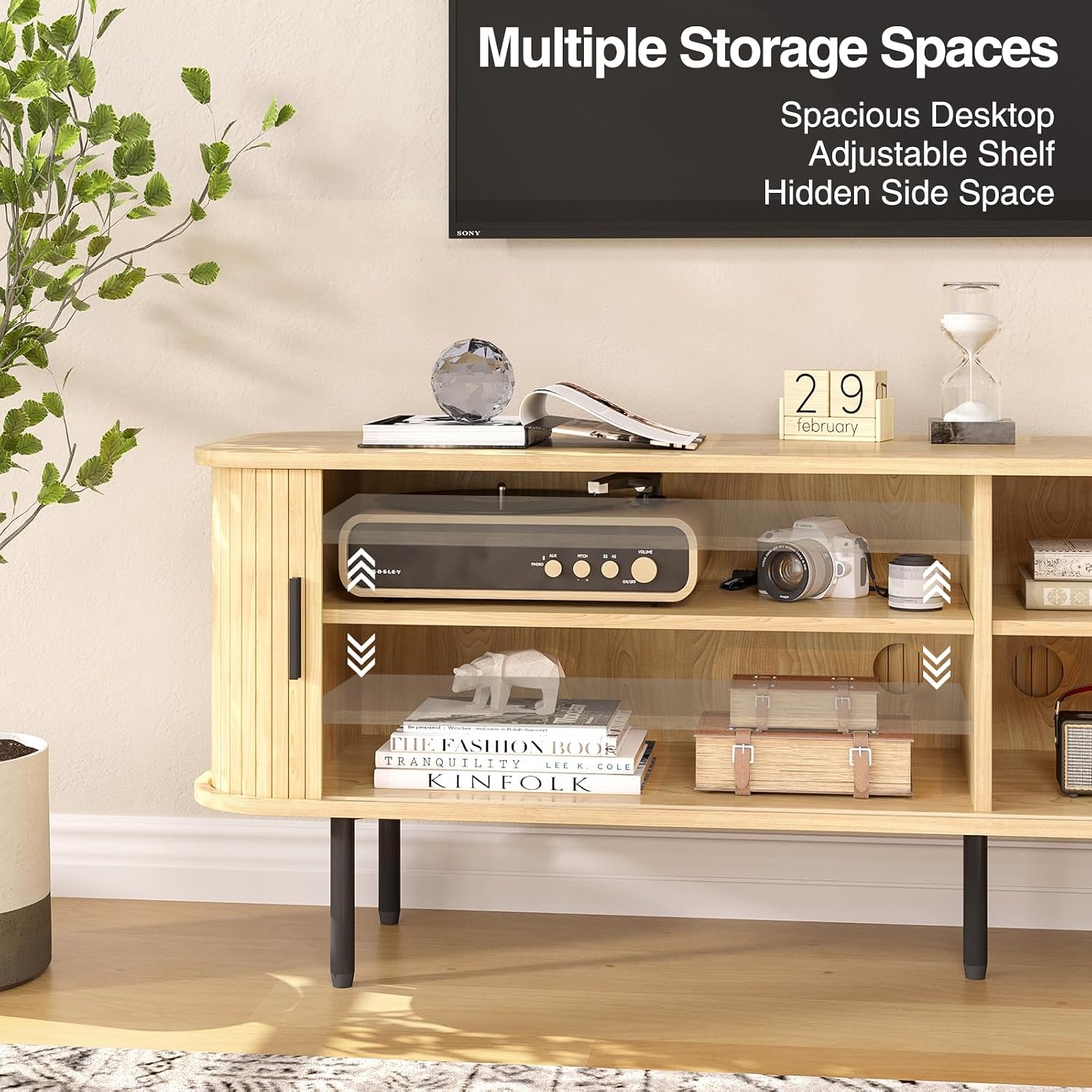 FiveWillowise 63' Natural Fluted TV Stand for TVs up to 75 Inch, Gaming Entertainment Center with Tambour Slatted Sliding Doors and Storage Cabinet, Media TV Consoles Table for Living Room, Office