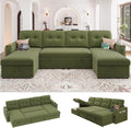 HIFIT 106' Sectional Couches for Living Room- Pull Out Sleeper Sofa Couch w/Storage Chaise,Storage Armrest,LED Light&USB Port&Cupholder,Modern Velvet U Shaped Home Sofa Living Room Furniture Set,Green