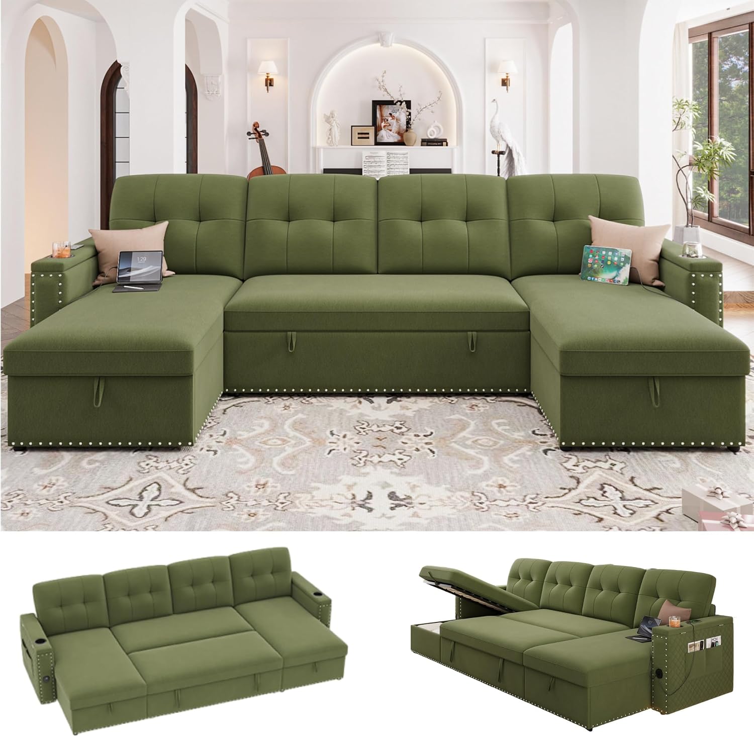 HIFIT 106' Sectional Couches for Living Room- Pull Out Sleeper Sofa Couch w/Storage Chaise,Storage Armrest,LED Light&USB Port&Cupholder,Modern Velvet U Shaped Home Sofa Living Room Furniture Set,Green