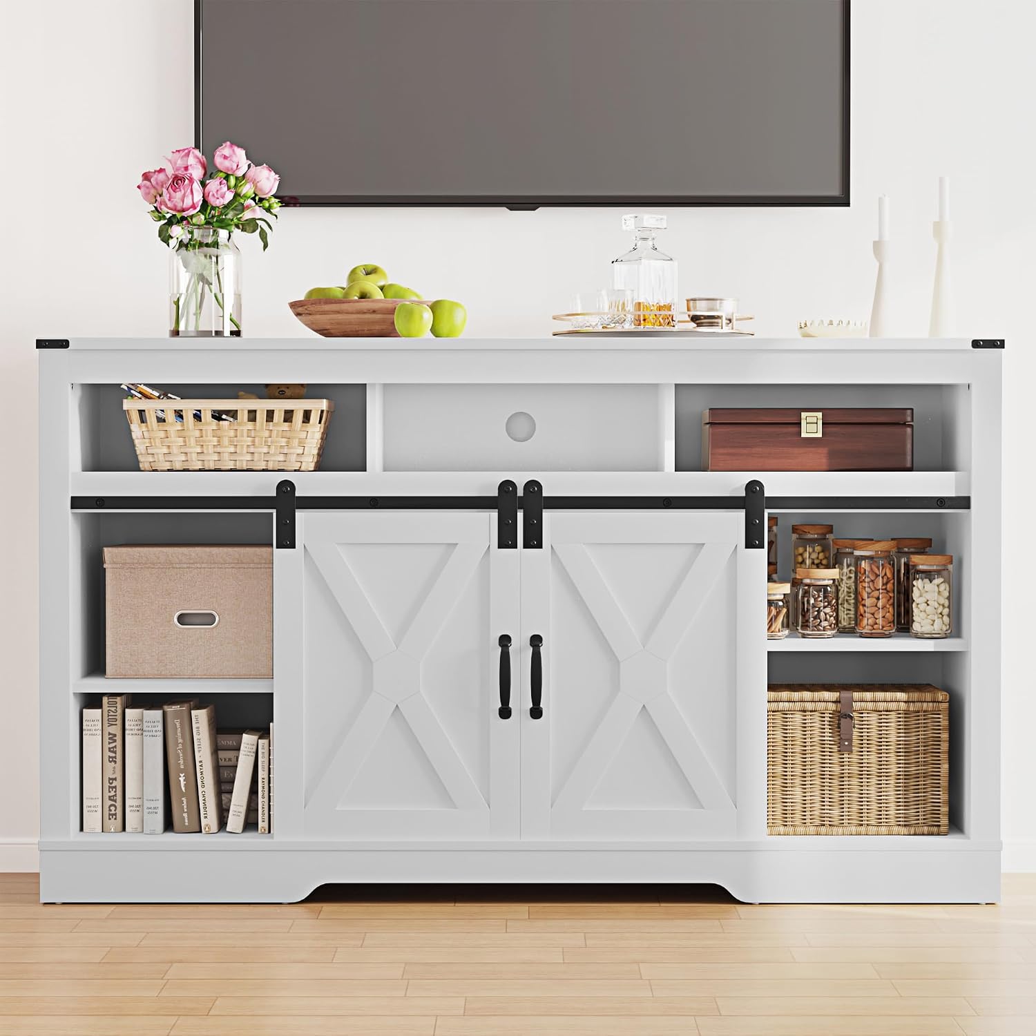 RoyalCraft Fireplace TV Stand for 65+ Inch TV, 34' Tall Farmhouse Entertainment Center with 23' Electric Fireplace,Rustic Media Console with Sliding Bar Door for Living Room, White