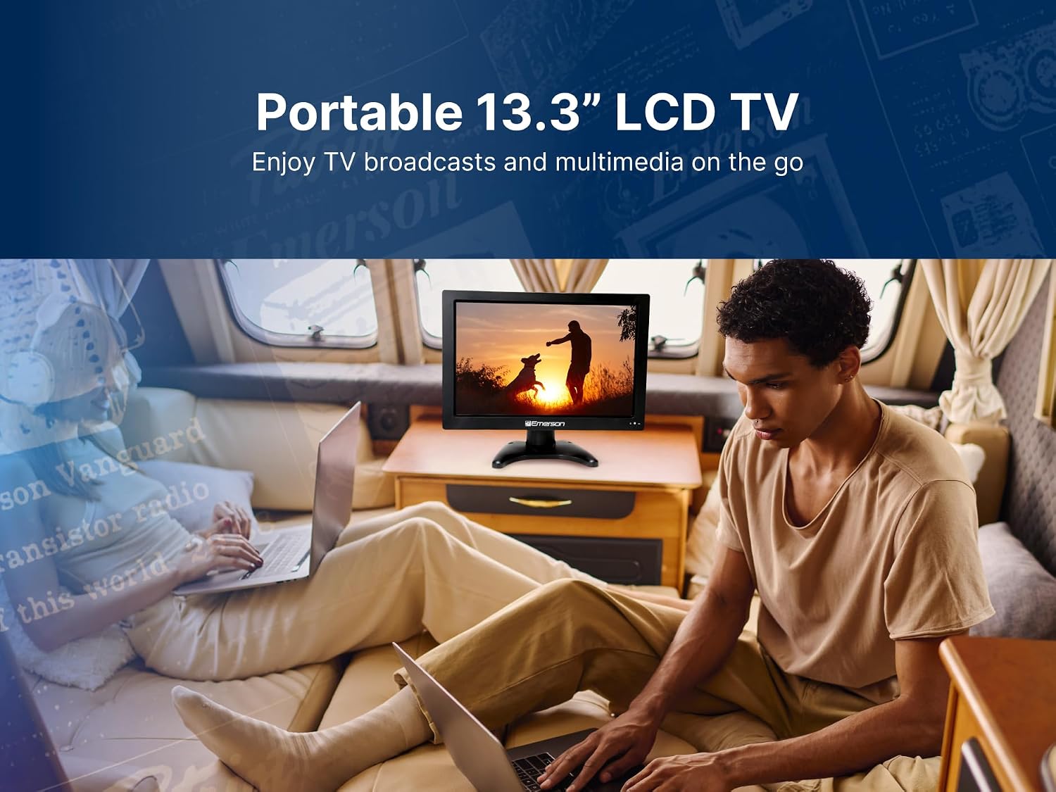 Emerson ET-1300 13.3' Portable Digital TV with Built-in Rechargeable Battery, DC Car Adapter, HDMI, USB, and AV Inputs, Crystal-Clear HD Display, Compact for Travel, Tailgating, and Camping