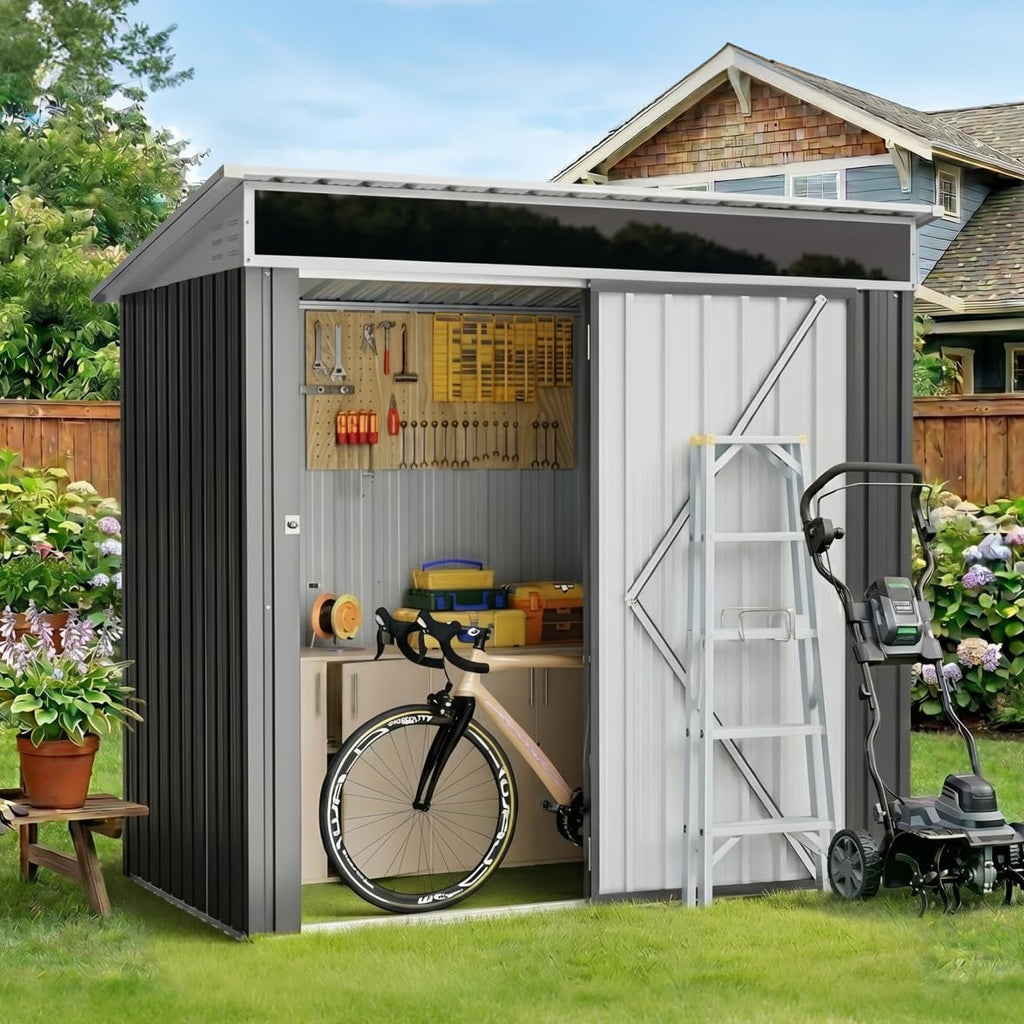 Vongrasig 6x4 FT Outdoor Storage Shed, Metal Lean to Shed with Window and Lockable Door, All-Weather Graden Tool Shed for Backyard Garden Patio Lawn, Dark Grey