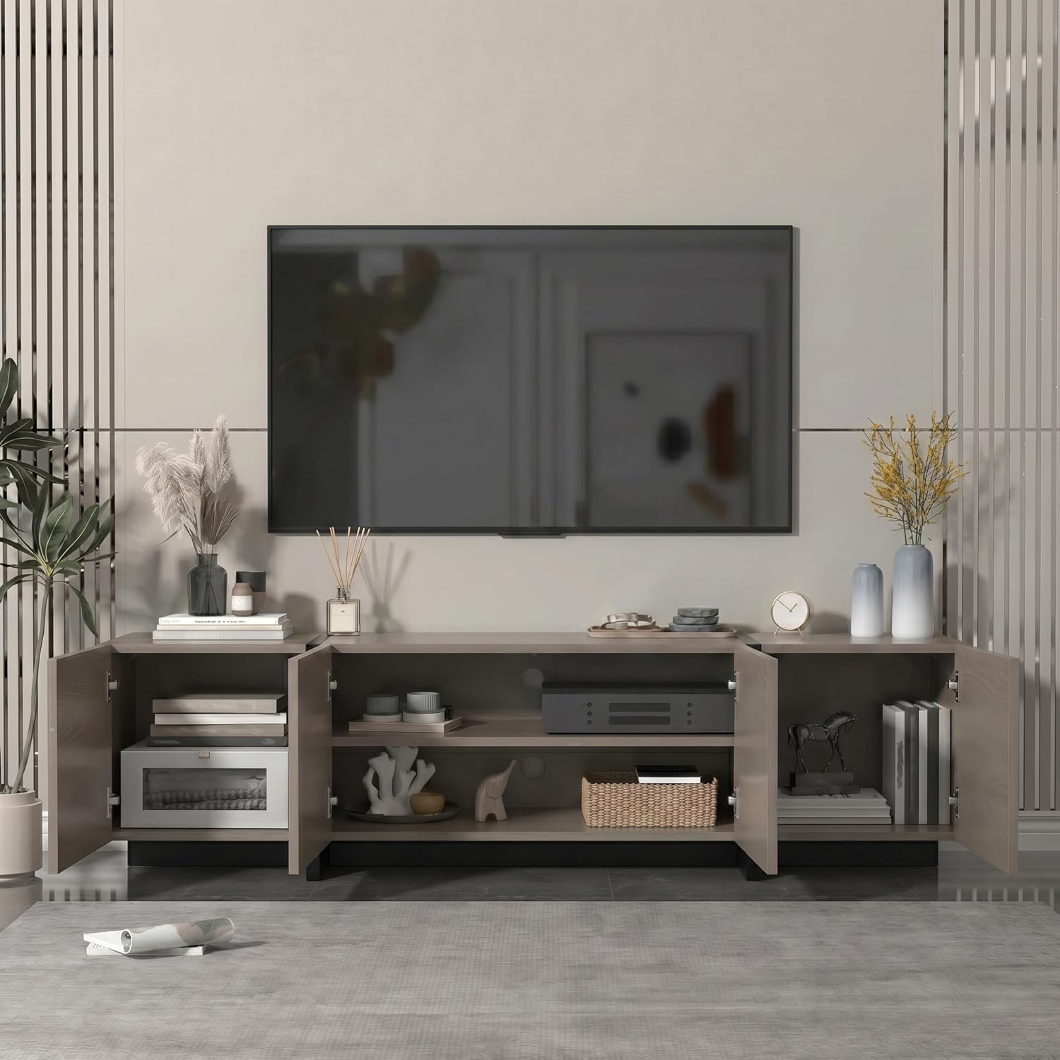 holzart 67 Inch TV Stand for TVs up to 70 Inch, Modern Wood Media Console with 4 Storage Doors, Entertainment Center TV Cabinet Sideboard for Living Room Bedroom, Taupe