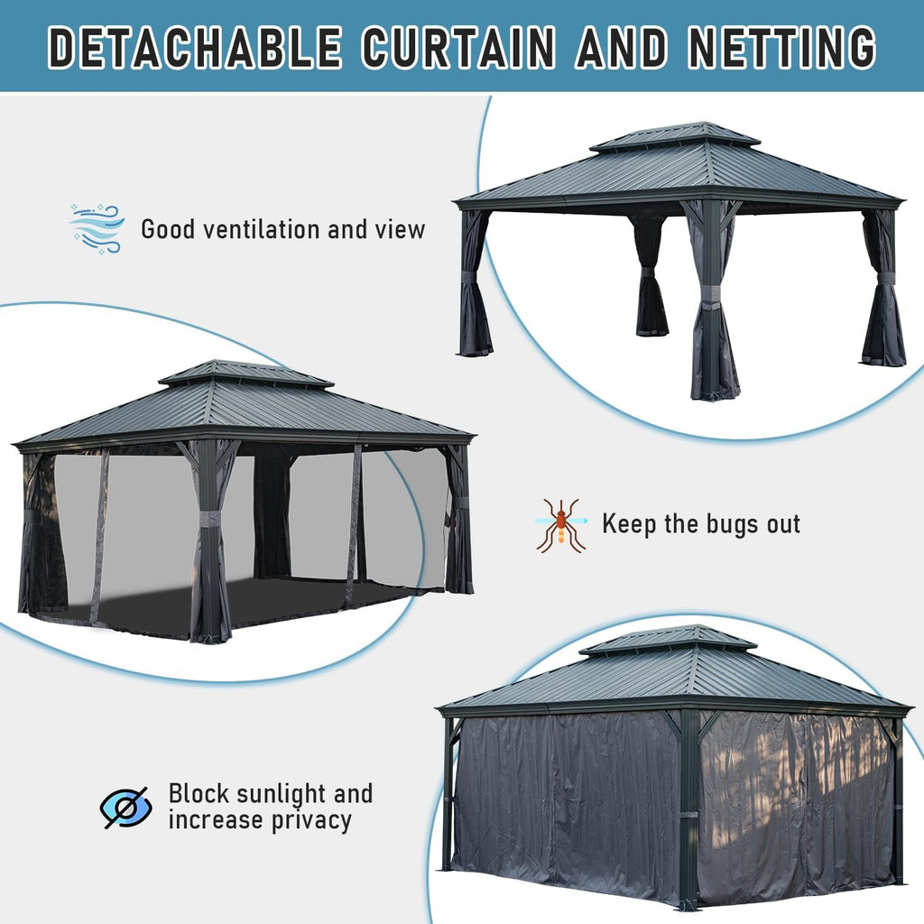 Domi Hardtop Gazebo 12x14FT, Outdoor Gazebo with Galvanized Steel Double Roof, Aluminum Frame, Built-in Gutter System, Curtain and Netting, Metal Gazebo Pavilion for Patio Deck Garden, Grey