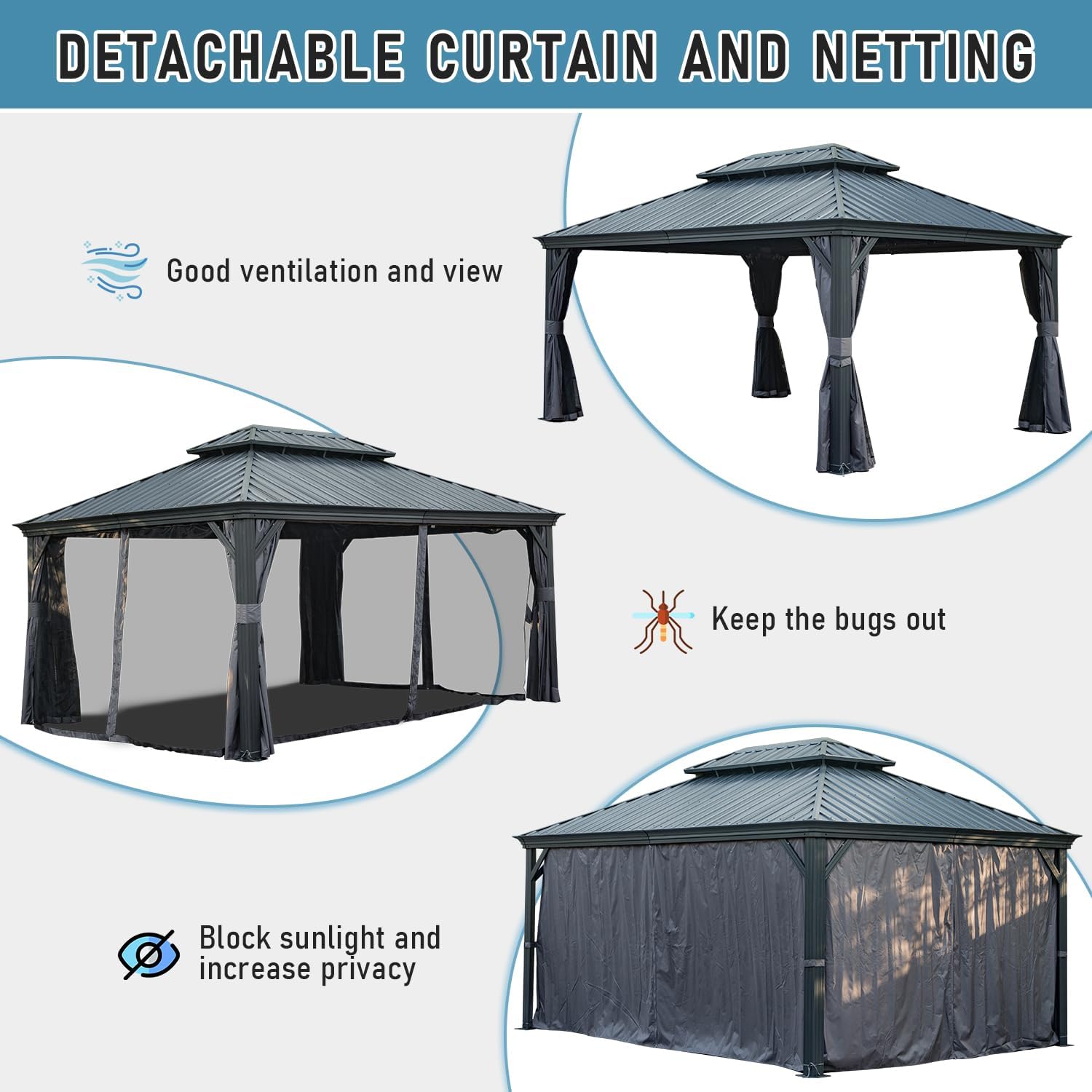 Domi Hardtop Gazebo 12x14FT, Outdoor Gazebo with Galvanized Steel Double Roof, Aluminum Frame, Built-in Gutter System, Curtain and Netting, Metal Gazebo Pavilion for Patio Deck Garden, Grey