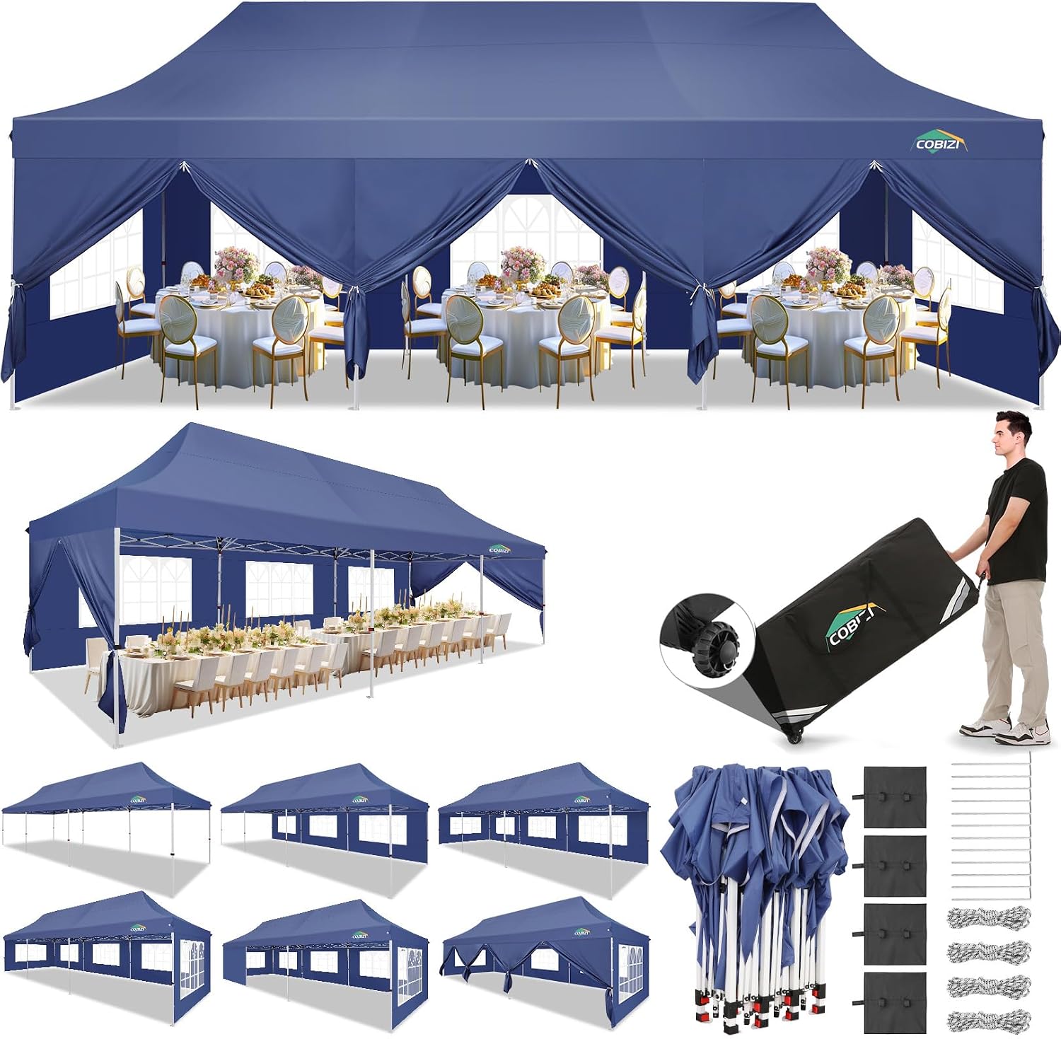 COBIZI 10x30 Pop Up Canopy Tent with 8 Removable Sidewalls, Easy Setup Canopy with Roller Bag & Sandbags，Waterproof and UPF50+ Gazebo Tent, Outdoor Gazebo for Party Wedding BBQ Events,(White.