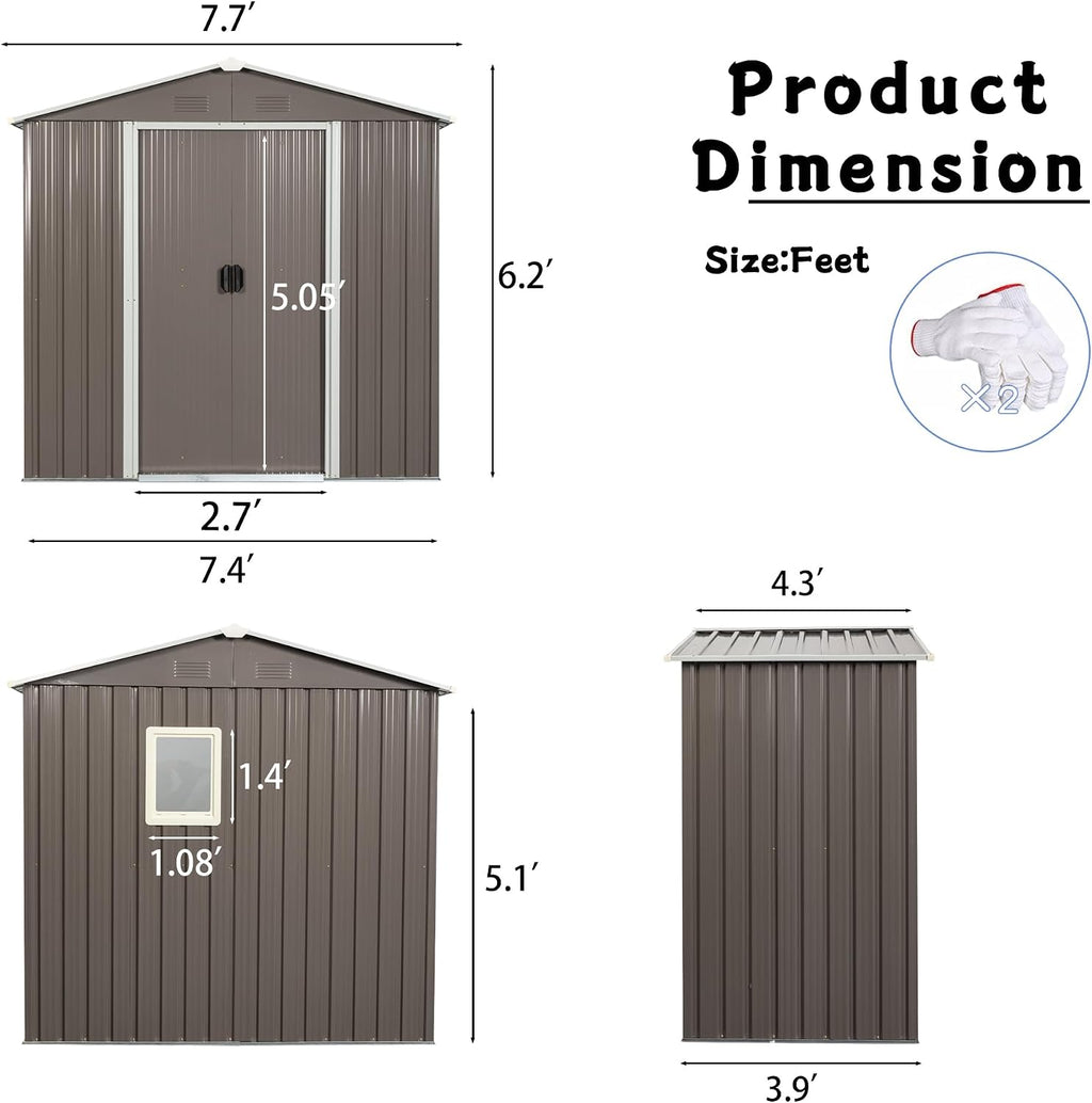 YOPTO 8×4 FT Outdoor Metal Storage Shed with Window and Integrated Punched Vents,Large Garden Outdoor Shed W/Sliding Doors & Padlock,Rust UV & Waterproof Tool Sheds for Backyard,Lawn,Patio,Grey