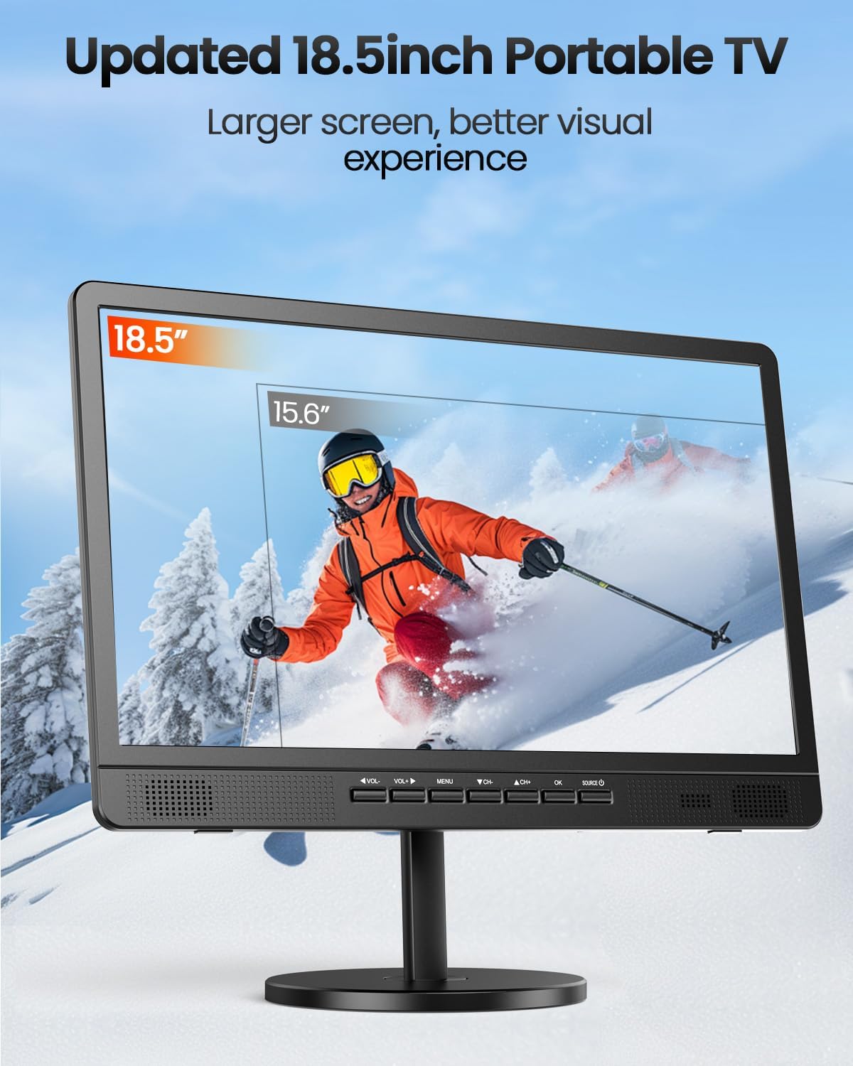 Desobry 18.5' Portable TV with Antenna, 6500mAh Rechargeable Portable Monitor with 1080P HDMI Input, AV Input, USB, Small TV for Travel, Camping, Kitchen, Bedroom, RV, Power Outage