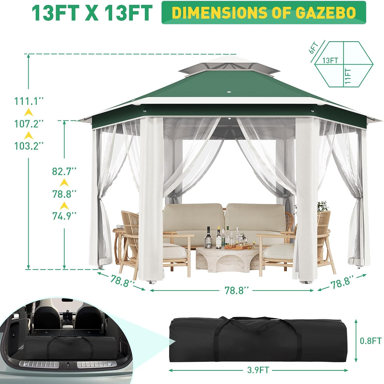 13'x13' Pop Up Gazebo, Hexagonal Outdoor Canopy Tent, [Sturdy Metal Frame] Instant Pop Up Tent with Mesh Netting, Waterproof & UV-Resistant Outdoor Gazebo for Backyard, Patio, Deck, Lawn Party(Green)