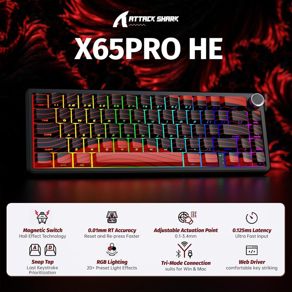 ATTACK SHARK X11 & X65 PRO HE Rapid Trigger Hall Effect Keyboard,60% Magnetic Keyboard 8K Polling Rate RGB Hot Swap,Wireless Gaming Mice with Charging Dock 22K DPI,BT/2.4Ghz/Wired,Coiled Cable-Red