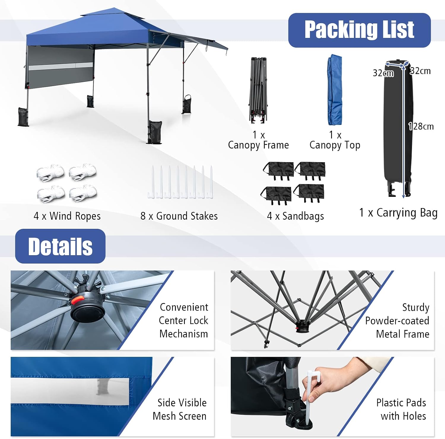 HAPPYGRILL Pop Up Canopy with Dual Awnings 10x17.6 FT, Outdoor Gazebo Shelter with Portable Wheeled Carrying Bag, Easy Setup Instant Tent for Patio Camping Picnic (Blue)