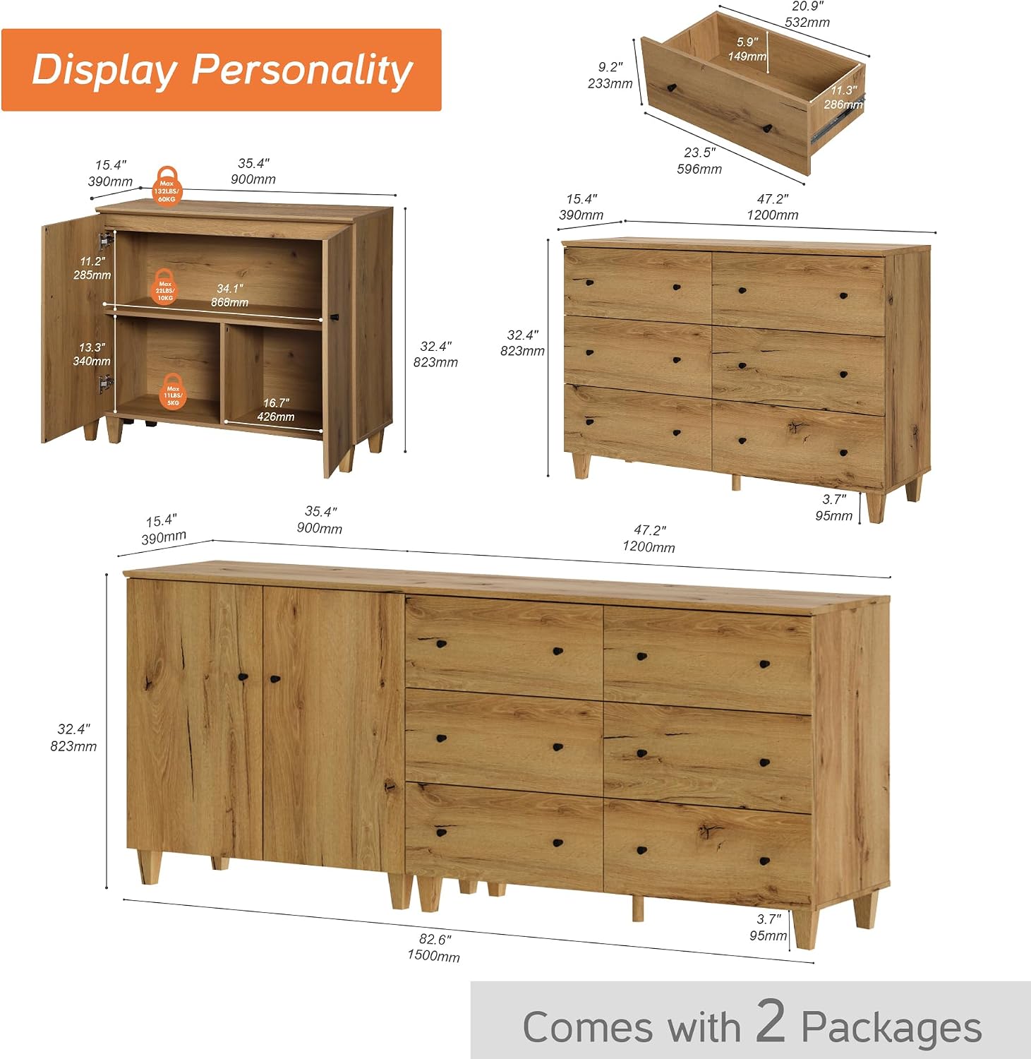 WAMPAT TV Stand Cabinets for 85+ Inches TVs, 2-in-1 Wood Media Console Table with 2 Doors and 6 Drawers, Modern Highboy Entertainment Center with Storage for Living Room Bedroom, Oak Brown