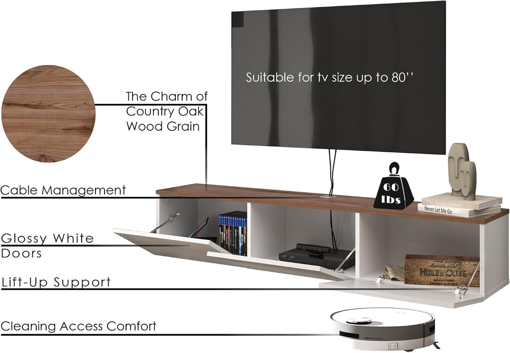 Floating TV Stand Glossy White for 65-80 Inch TV, 63' Wall Mounted TV Stand with Storage, White and Wood Floating Entertainment Center with Cable Management, Floating Media Console for Living Room