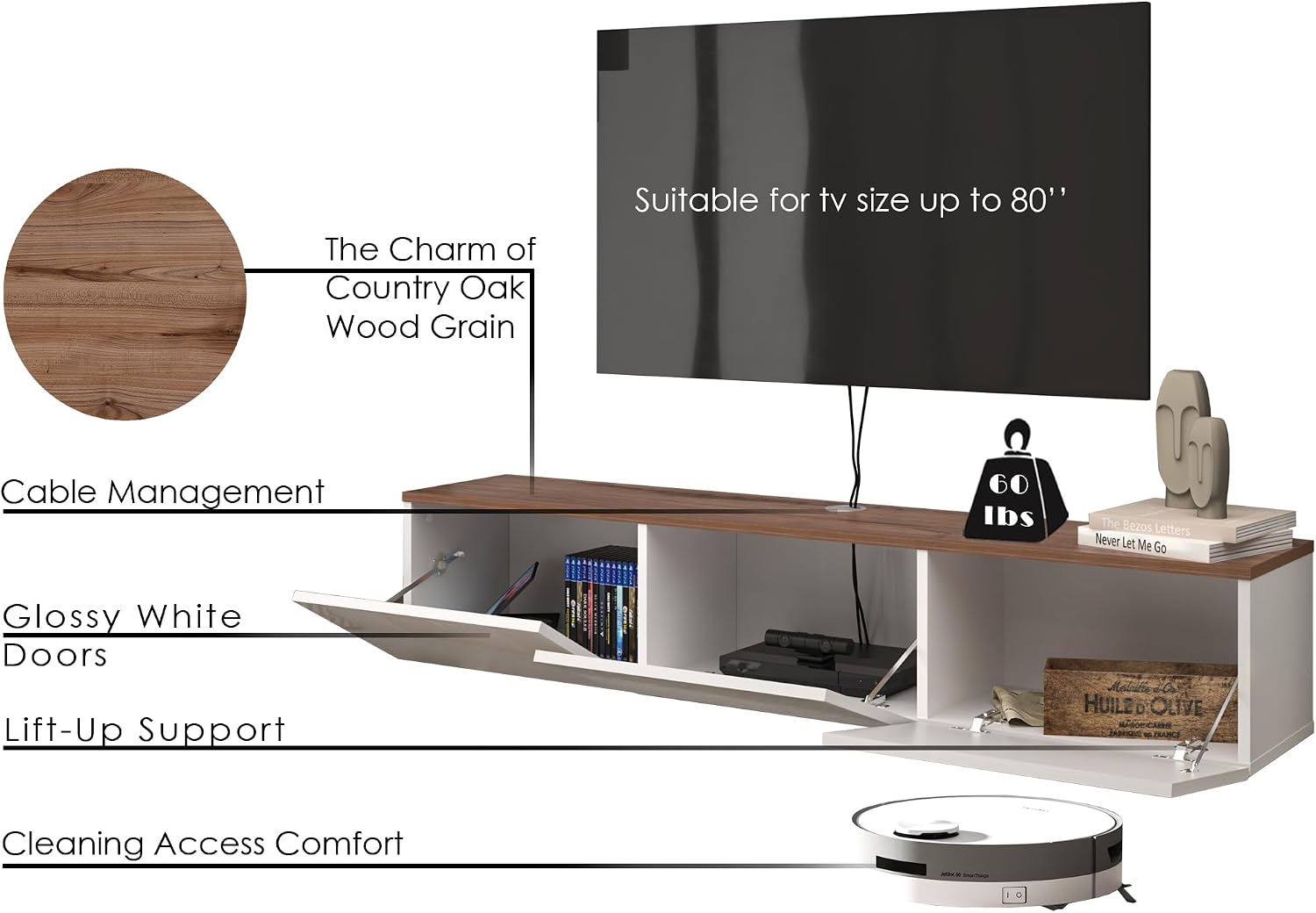 Floating TV Stand Glossy White for 65-80 Inch TV, 63' Wall Mounted TV Stand with Storage, White and Wood Floating Entertainment Center with Cable Management, Floating Media Console for Living Room
