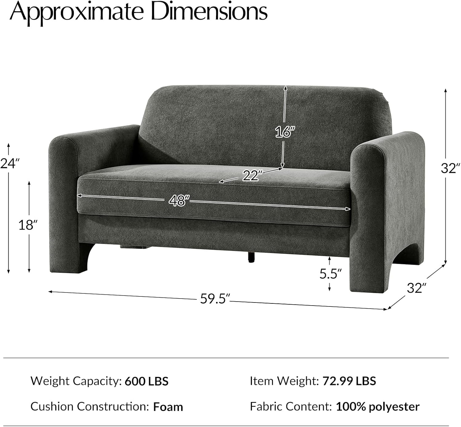 HULALA HOME 60' Modern Curved Loveseat Sofa, Comfy Chenille Couch Small Love Seat with Wrapped Armrests, 2 Seater Sofa for Living Room, Easy Assembly, Grey