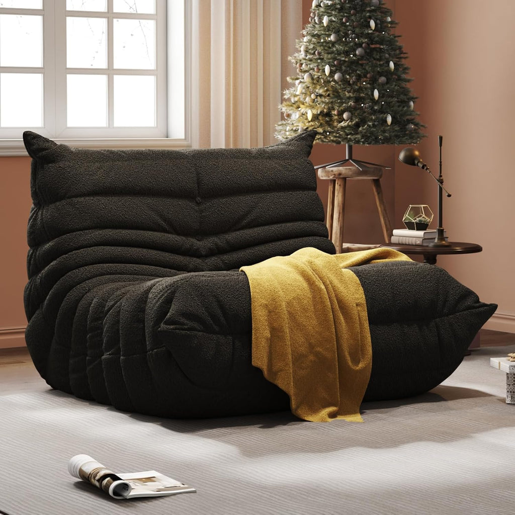 Giant Bean Bag Chair for Adults - Teddy Fleece Fireside Accent Chair with Memory Foam, Comfy Lazy Floor Sofa Couch Boneless Chaise Lounge for Living Room Bedroom Home Theaterr, 1 Seater, Black