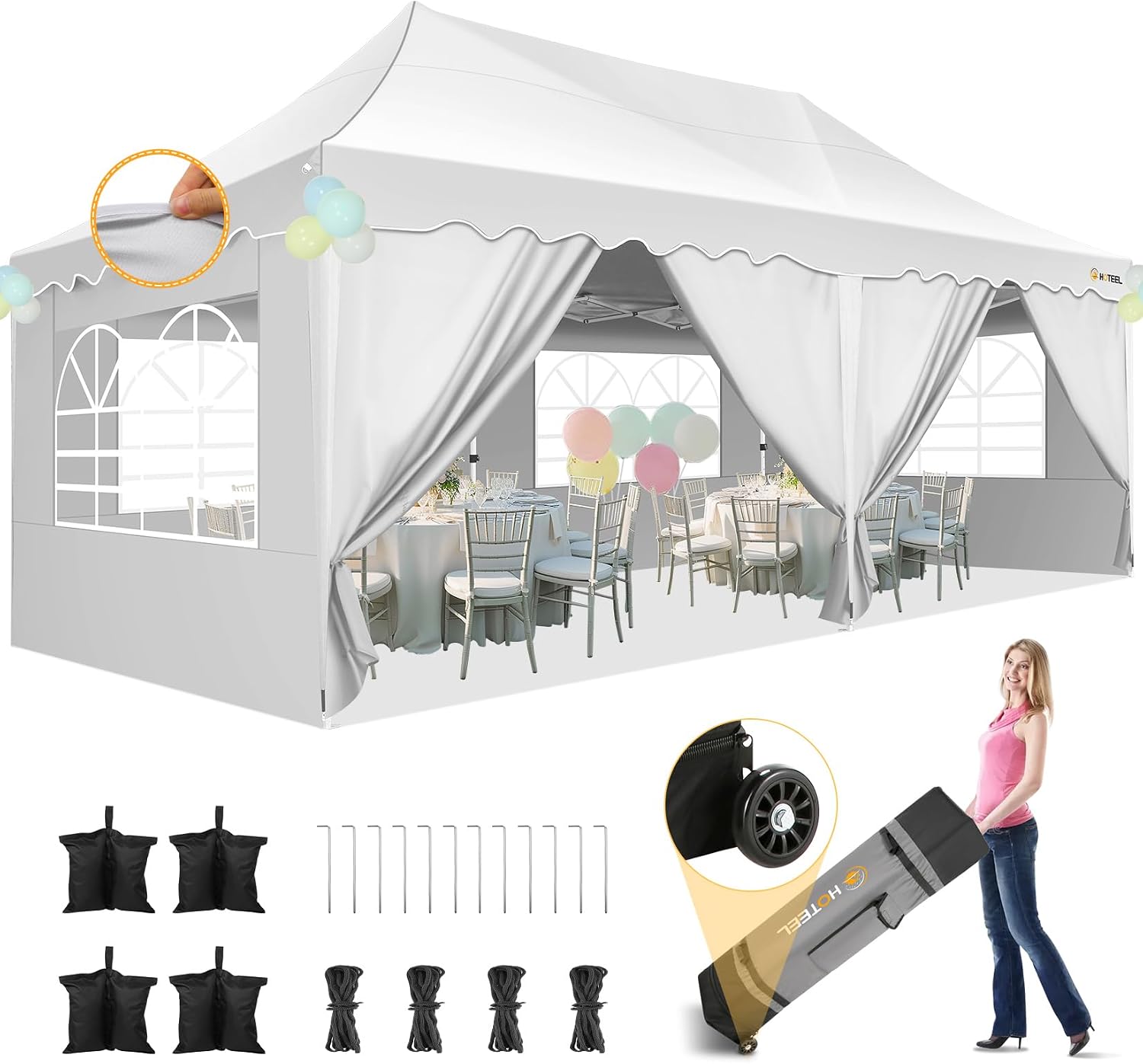 HOTEEL 10x20 Pop up Canopy Tent with 6 Removable Sidewalls, Wave Hem Roof 10x20 Canopy with Wheel Bag and 4 Sandbag, Commercial Pop up Tent Waterproof Sunshade for Market Wedding Party Stall (White)