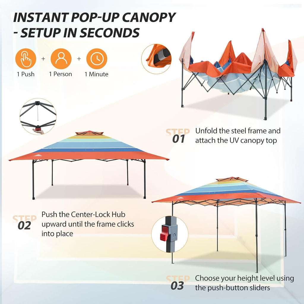 EAGLE PEAK 13x13 Straight Leg Pop Up Canopy Tent Instant Outdoor Canopy Easy Single Person Set up Folding Shelter w/Auto Extending Eaves 169 Square Feet of Shade (Retro Stripe Multi)