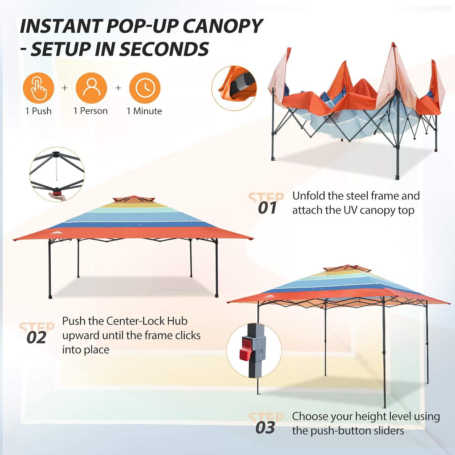 EAGLE PEAK 13x13 Straight Leg Pop Up Canopy Tent Instant Outdoor Canopy Easy Single Person Set up Folding Shelter w/Auto Extending Eaves 169 Square Feet of Shade (Retro Stripe Multi)