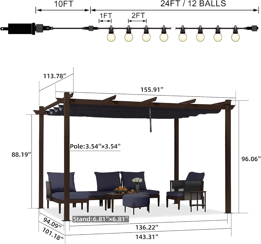 PURPLE LEAF 10' x 13' Retractable Pergola Outdoor Aluminum White Pergola with Sun Shade Canopy Patio Modern Bronze Shelter for Garden Yard Deck Grape, Navy Blue
