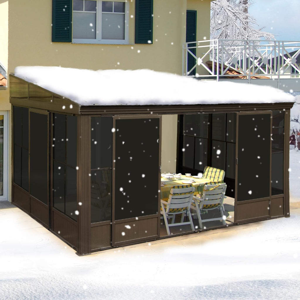 Domi 10x12FT Wall-Mounted Sunroom Gazebo, Aluminum Solarium with Galvanized Steel Sloping Roof, Detachable PVC Screens, Front & Side Sliding Doors, Outdoor Sun Room Lean to Gazebo for Patio Deck Lawn