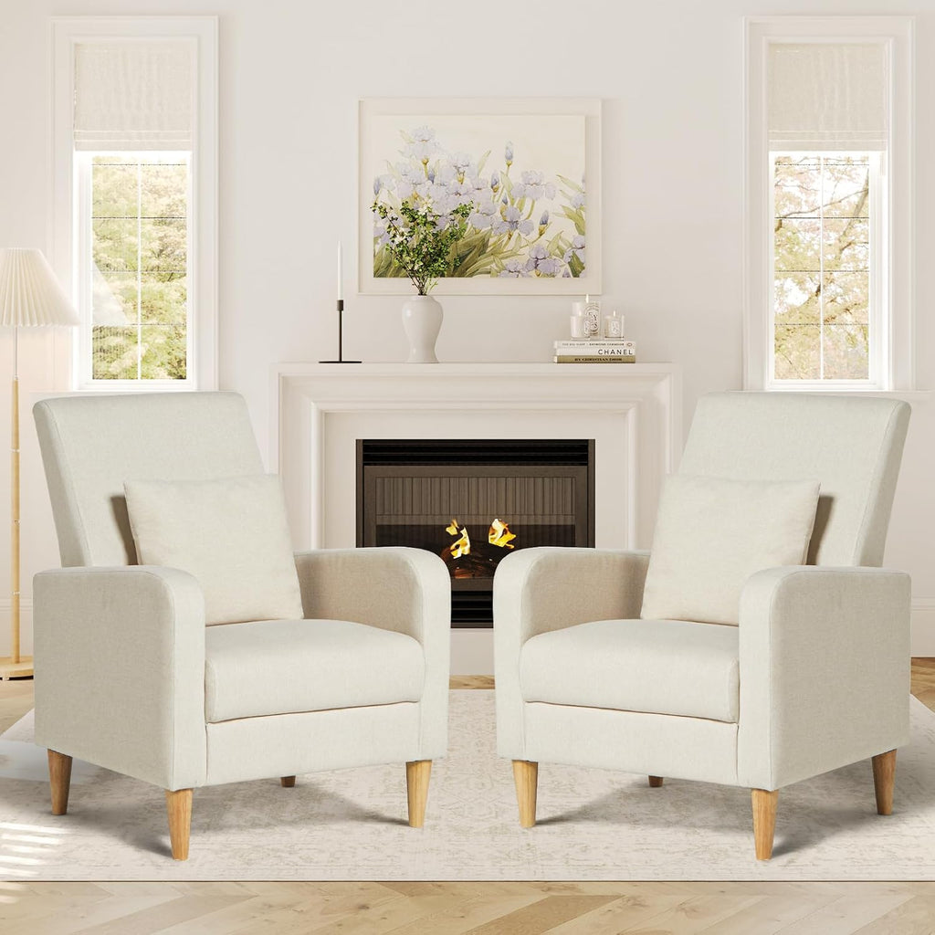 COLAMY Upholstered Sherpa Accent Living Room Chairs Set of 2, Fabric Arm Chair Reading Side Chair, Single Sofa with Back Pillow and Wood Legs,Cream