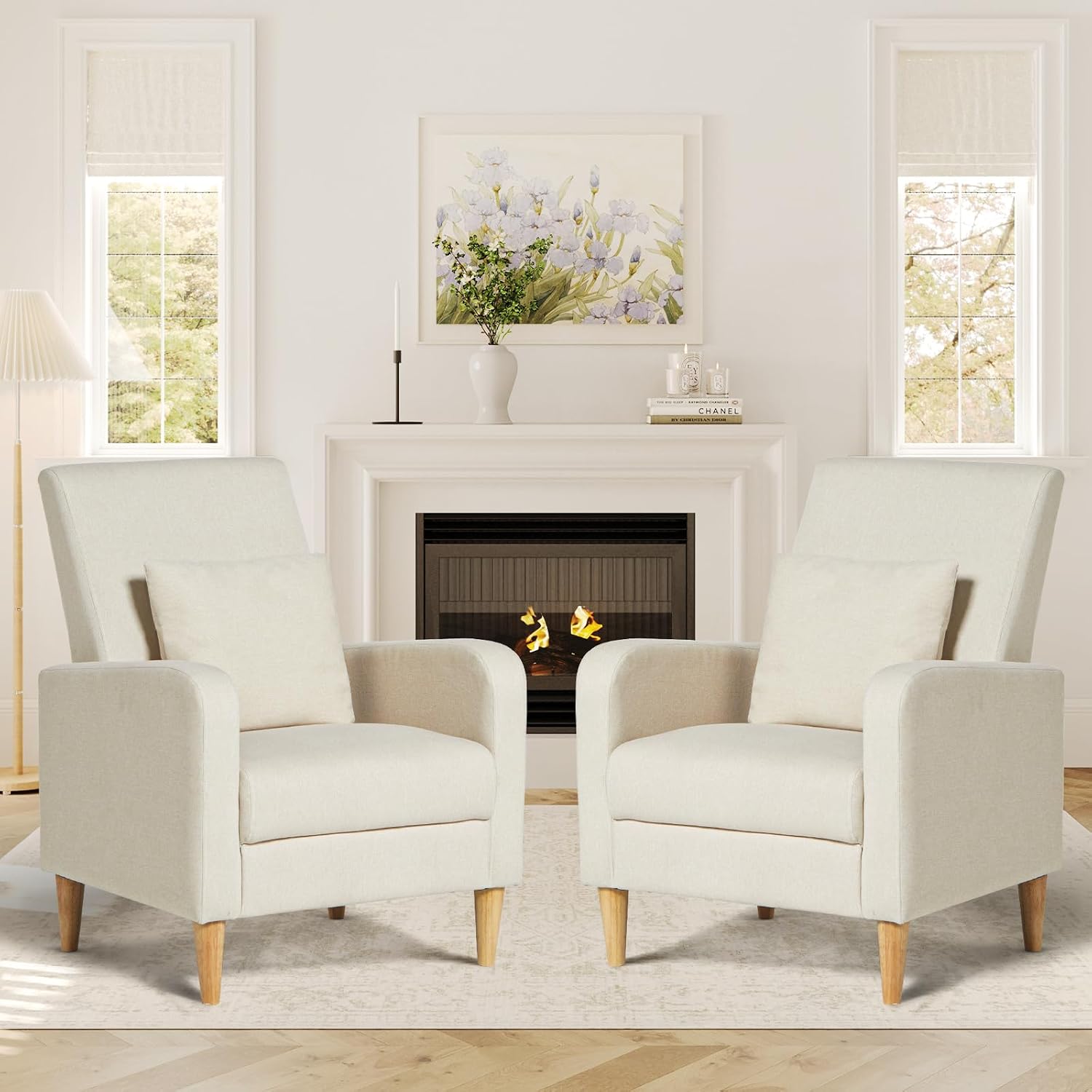 COLAMY Upholstered Sherpa Accent Living Room Chairs Set of 2, Fabric Arm Chair Reading Side Chair, Single Sofa with Back Pillow and Wood Legs,Cream
