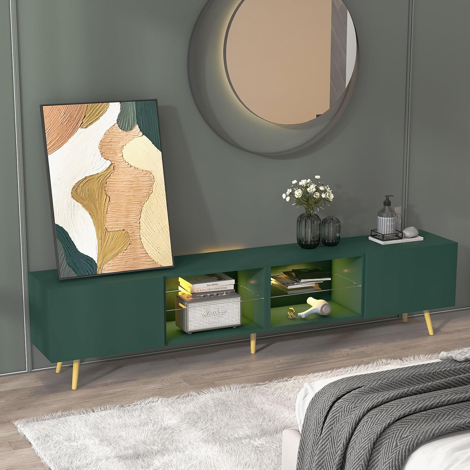 Bonzy Home 86' LED TV Stand, Modern Entertainment Center up to 90' TV, Television Console Table with Storage Cabinets for Living Room, Dark Green