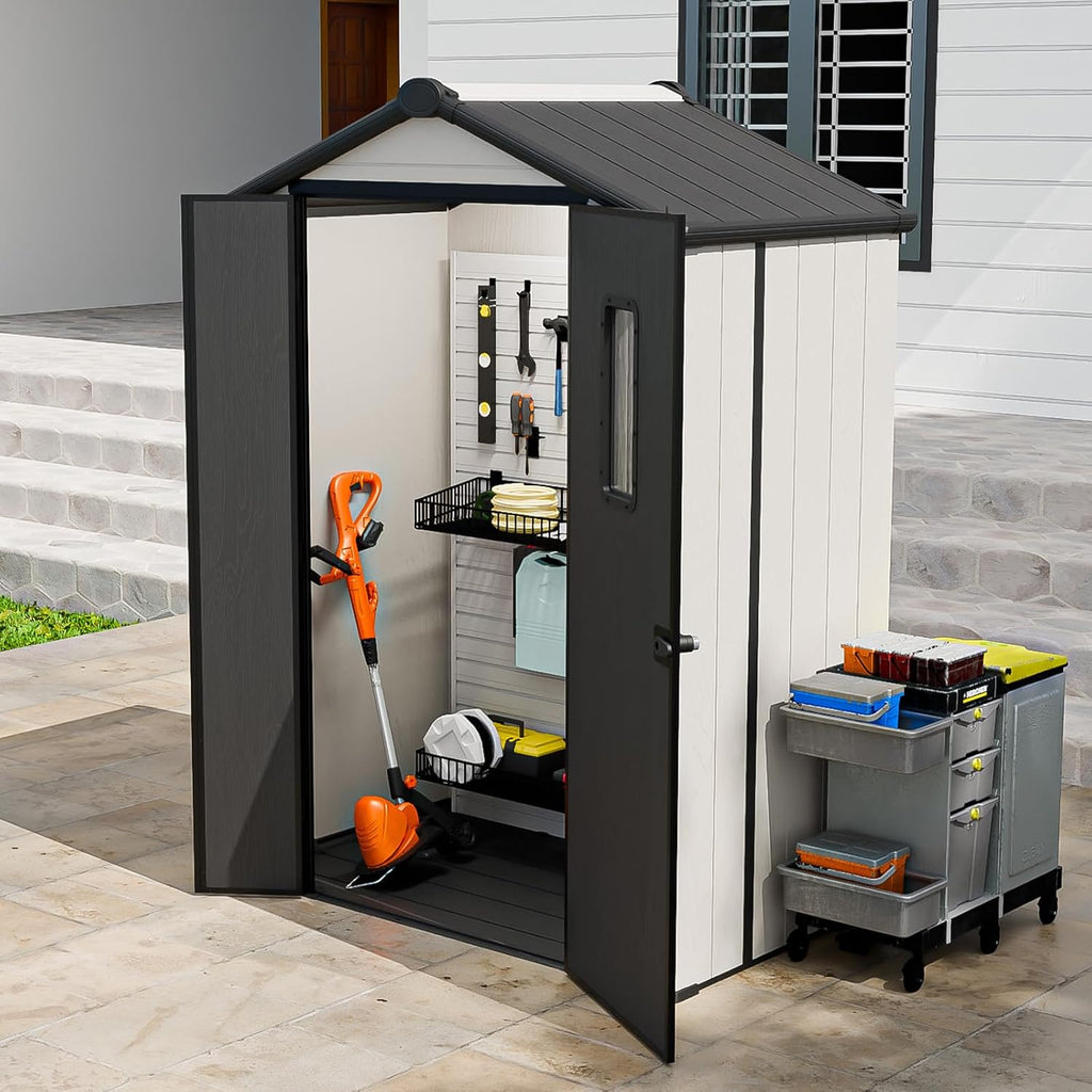 5x3 Outdoor Storage Shed with Floor, Heavy Duty Resin Tool Shed, Weather Resistant Garden Storage Building with Window, White/Gray