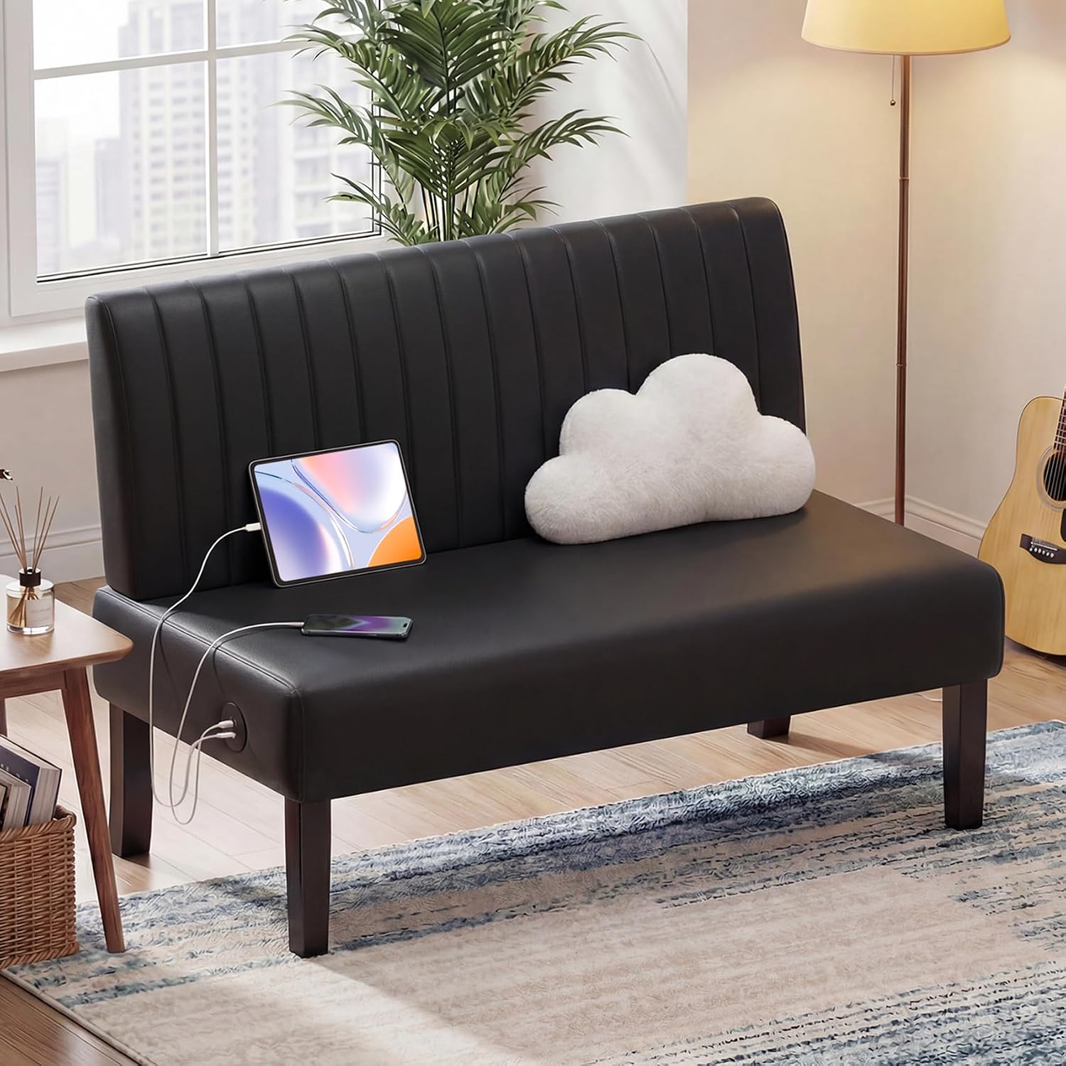 STHOUYN 43' W Mini Small Black Leather Couch Armless Loveseat Sofa for Bedroom with USB Port, Small Couches for SmallSpaces Living Room, Apartment Office Dorm (Black)