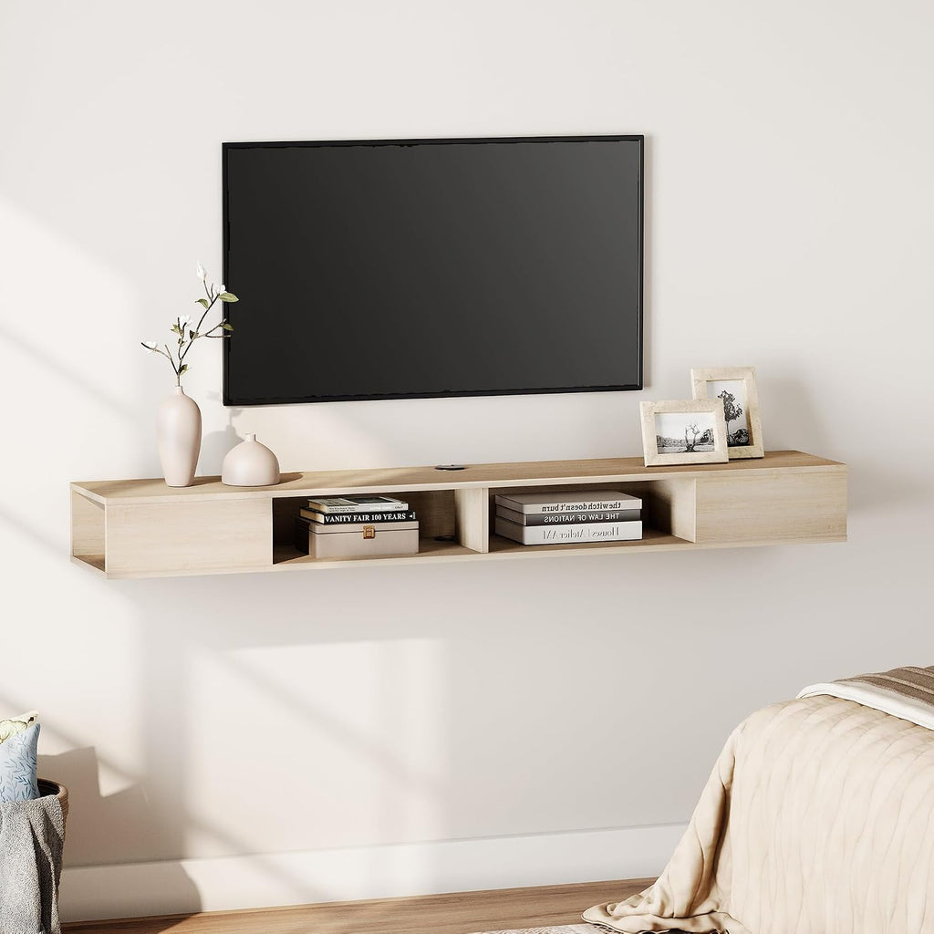 WAMPAT Floating TV Stand, Wall Mounted Entertainment Center with Storage for 65/70/75 inch TV, Floating Shelf for Living Room, Bedroom,Natural