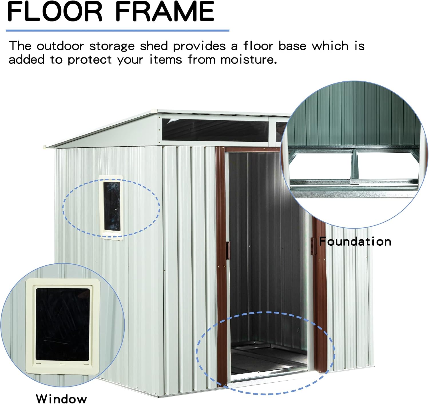 GDFStudio 6ft x 5ft Outdoor Metal Storage Shed with Window and Metal Foundation, White Garden Tool Organizer, Galvanized Iron Frame, Sliding Doors, UV Resistant Steel Panels, Padlock & Accessories