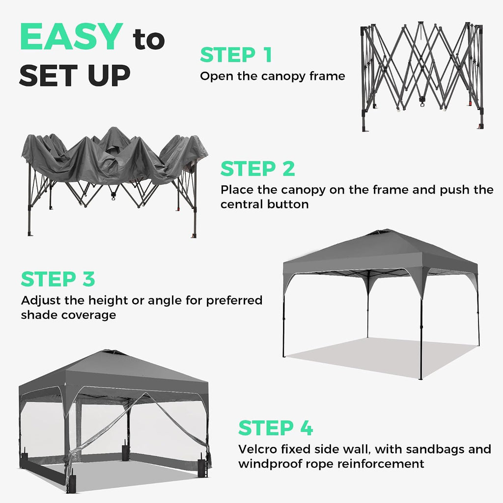 12x12 Pop Up Canopy Tent with One Push Setup, Outdoor Sun Shade Canopy for Backyard Party, Easy Up Instant Shelter with 4 PVC Transparent Sidewalls, 4-Sandbags & Wheel Bag, Grey.