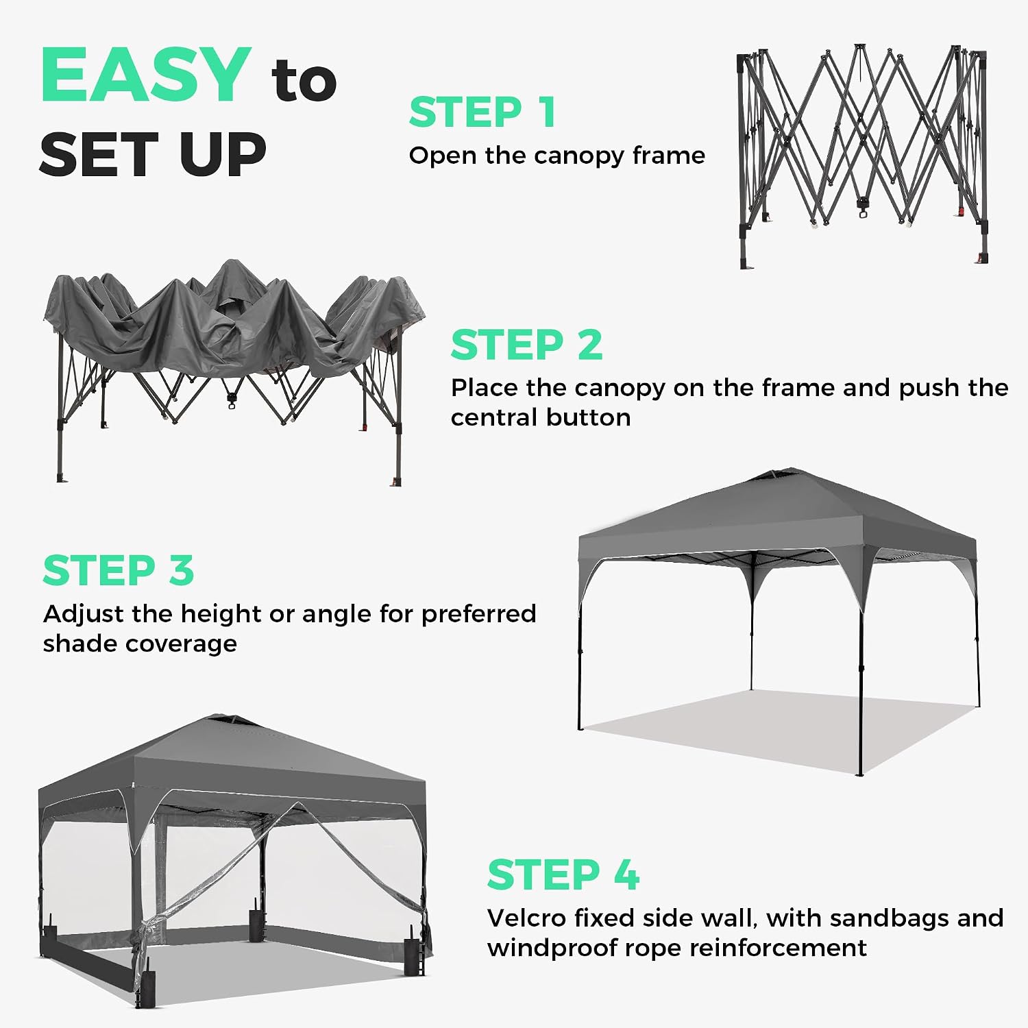 10x10 Pop Up Canopy Tent with One Push Setup, Portable Sun Shade Tent, Instant Easy Up Canopy with 4-Sidewalls & Hand Bag, Outdoor Fldable Gazebo with Vent Top, Grey.