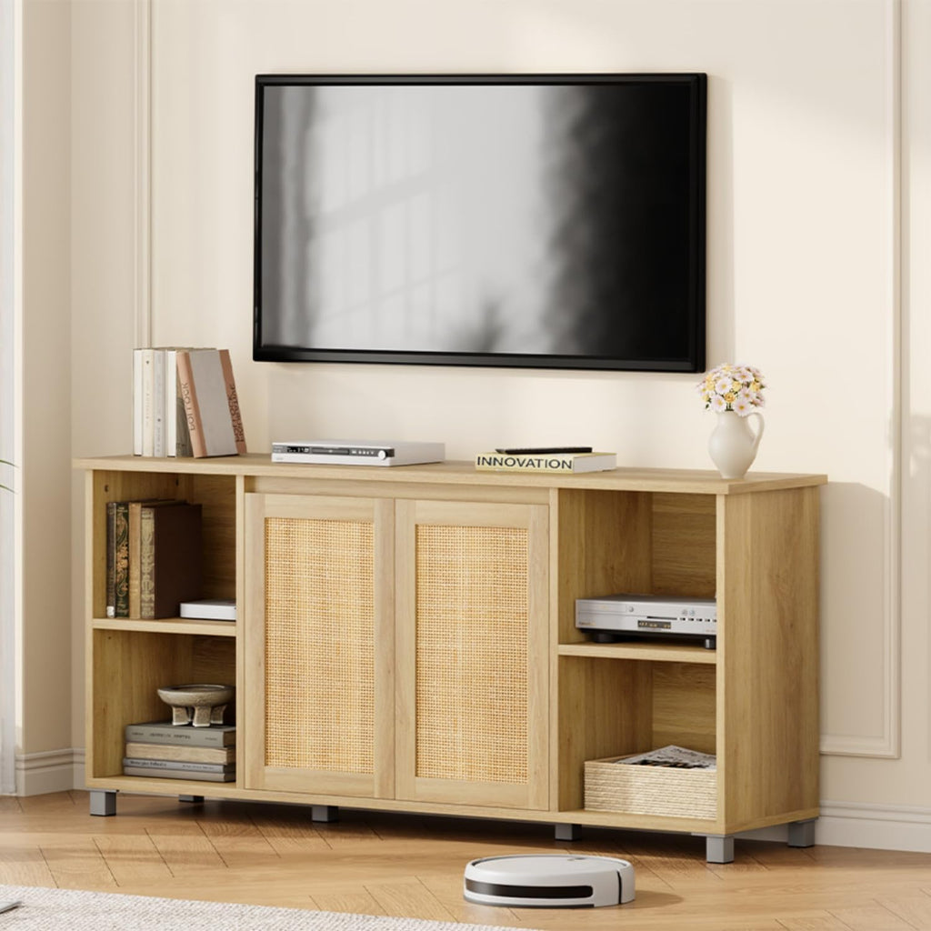 GarveeHome 70 Inch TV Stand, Mid-Century Modern Entertainment Center with Rattan Cabinet Doors, Media Console with Open Shelves, TV Stands for Living Room - Natural