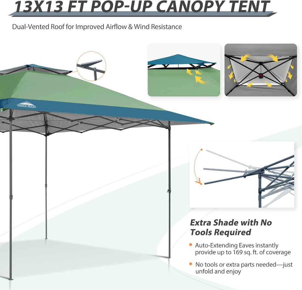 EAGLE PEAK 13x13 Straight Leg Pop Up Canopy Tent Instant Outdoor Canopy Easy Single Person Set up Folding Shelter w/Auto Extending Eaves 169 Square Feet of Shade (Light Green/Blue)