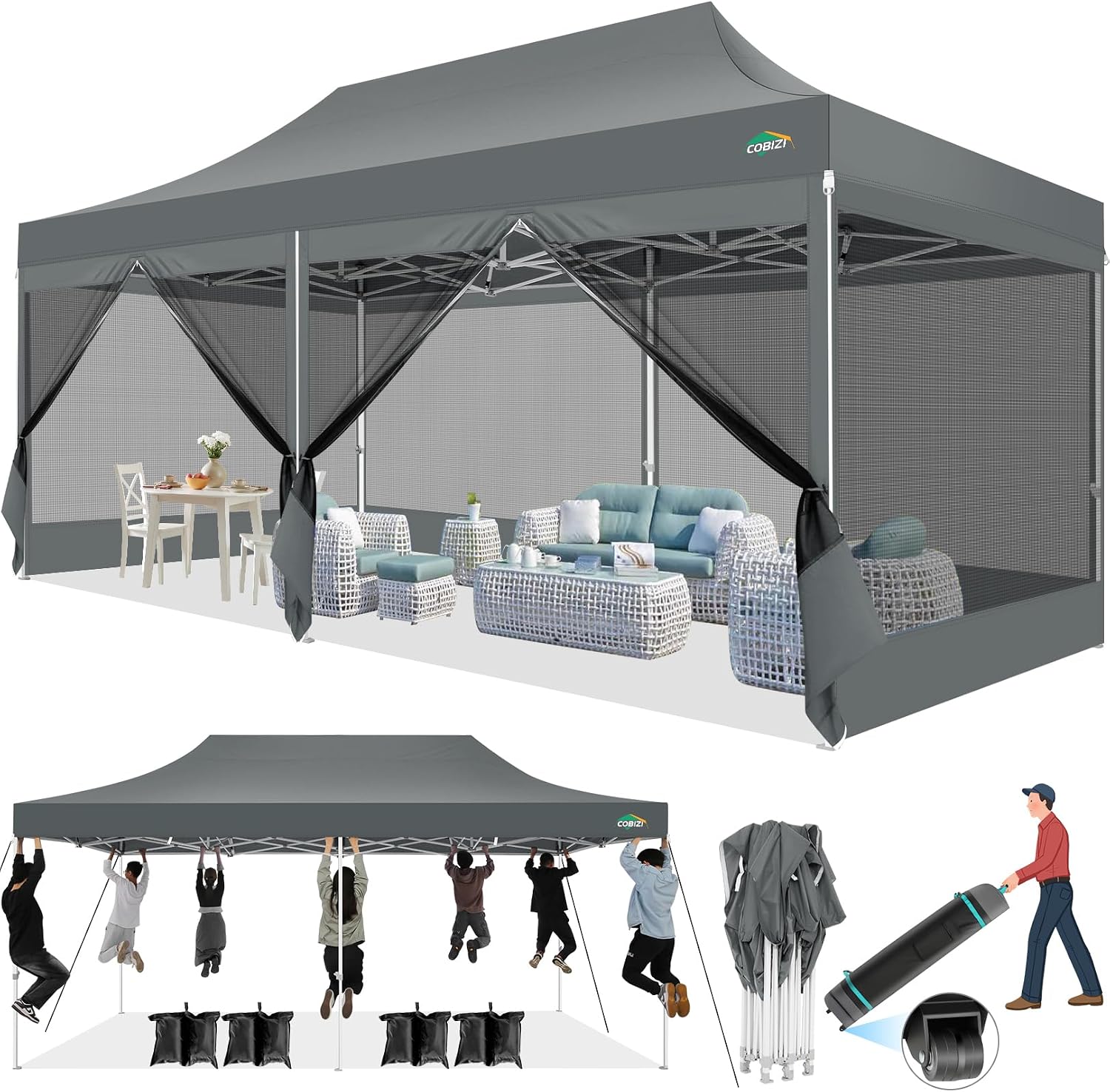 COBIZI 10x20 Canopy Tent with 6 Sidewalls,Heavy Duty Pop up Canopy with Mosquito Netting,Easy up Screen Tent for Parties Wedding Outdoor Patio with Roller Bag,Gray